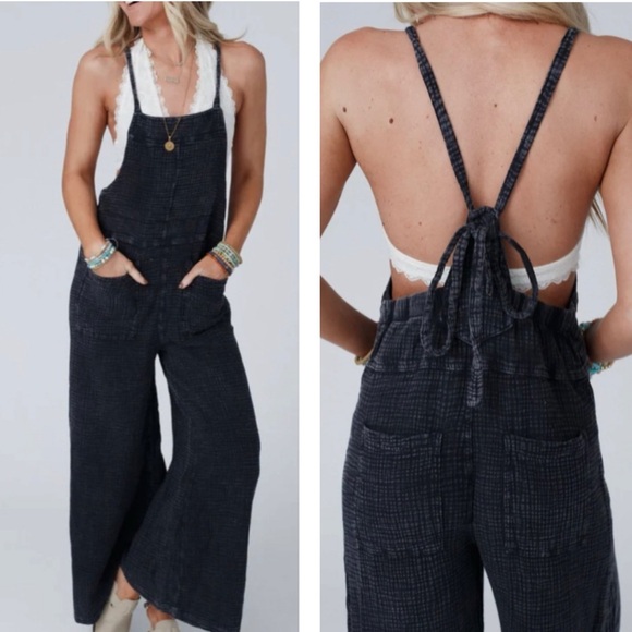 NWT Easel Wide Leg Jumpsuit Jumper Black Overalls Washed Cotton Romper - Picture 1 of 9